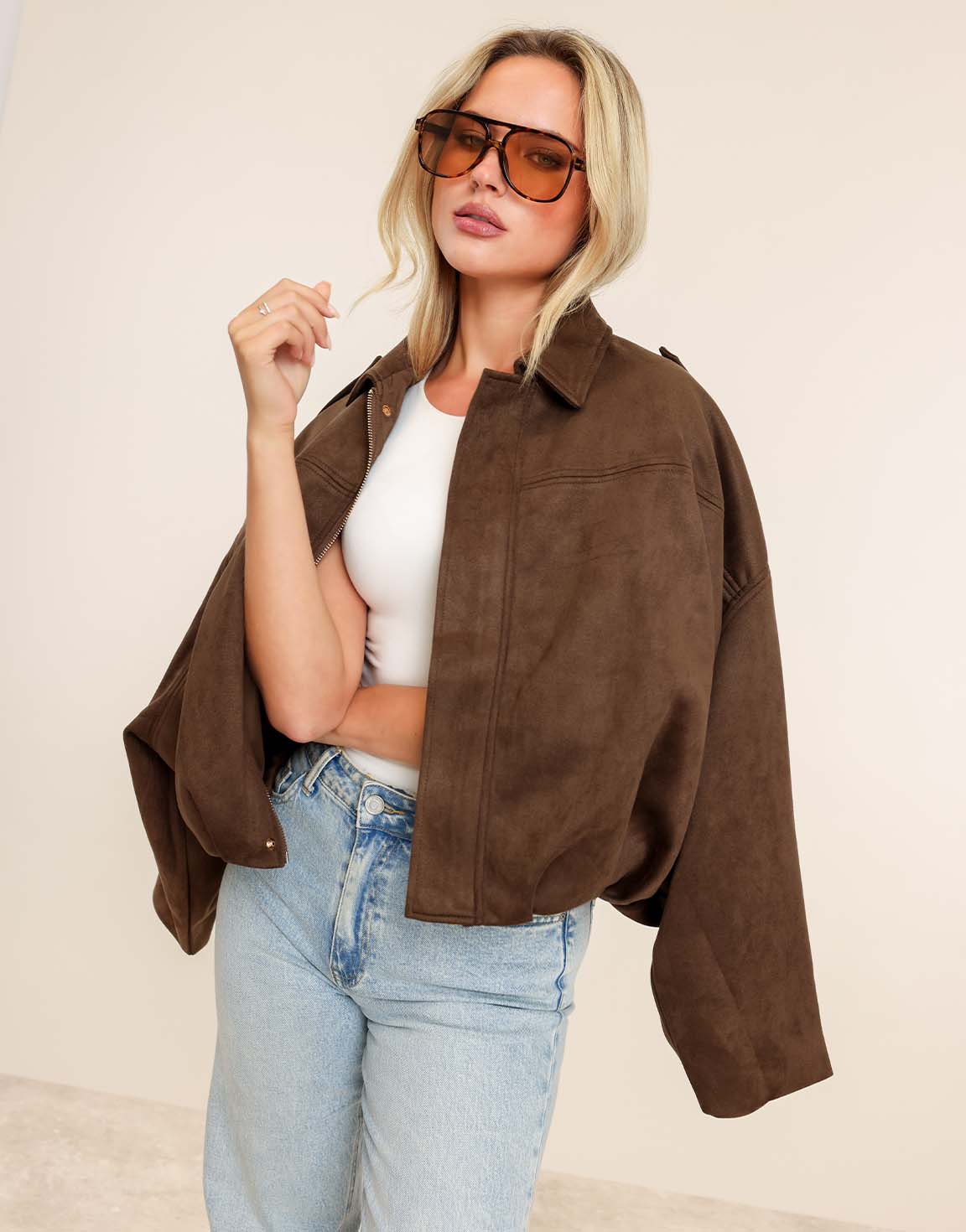 Dark Brown Suede Wide Bomber Jacket