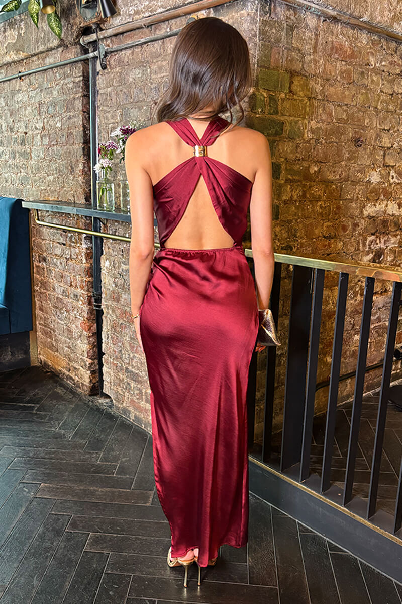 Wine Satin Cowl Neck Cross Back Midi Dress
