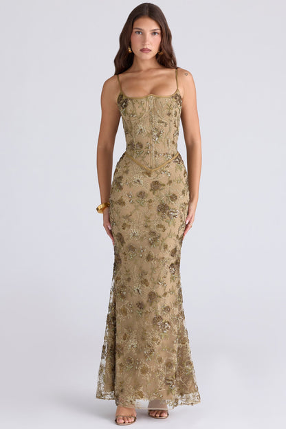 olive bronze hand beaded embellished corset maxi dress - limited edition