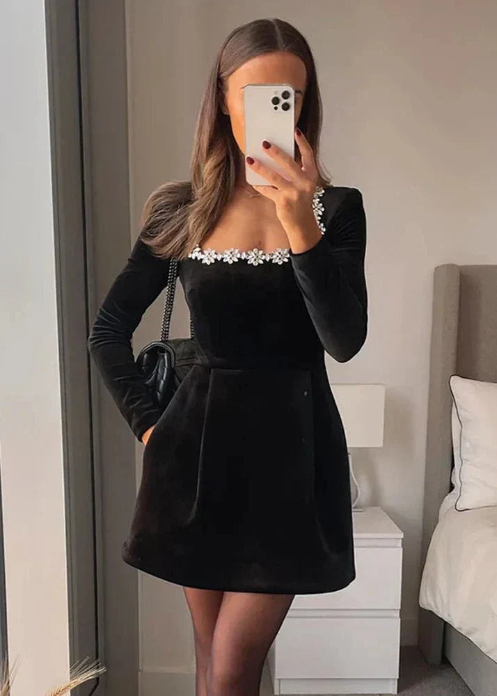 Kimberly Long Sleeve Embellished Velvet Minidress