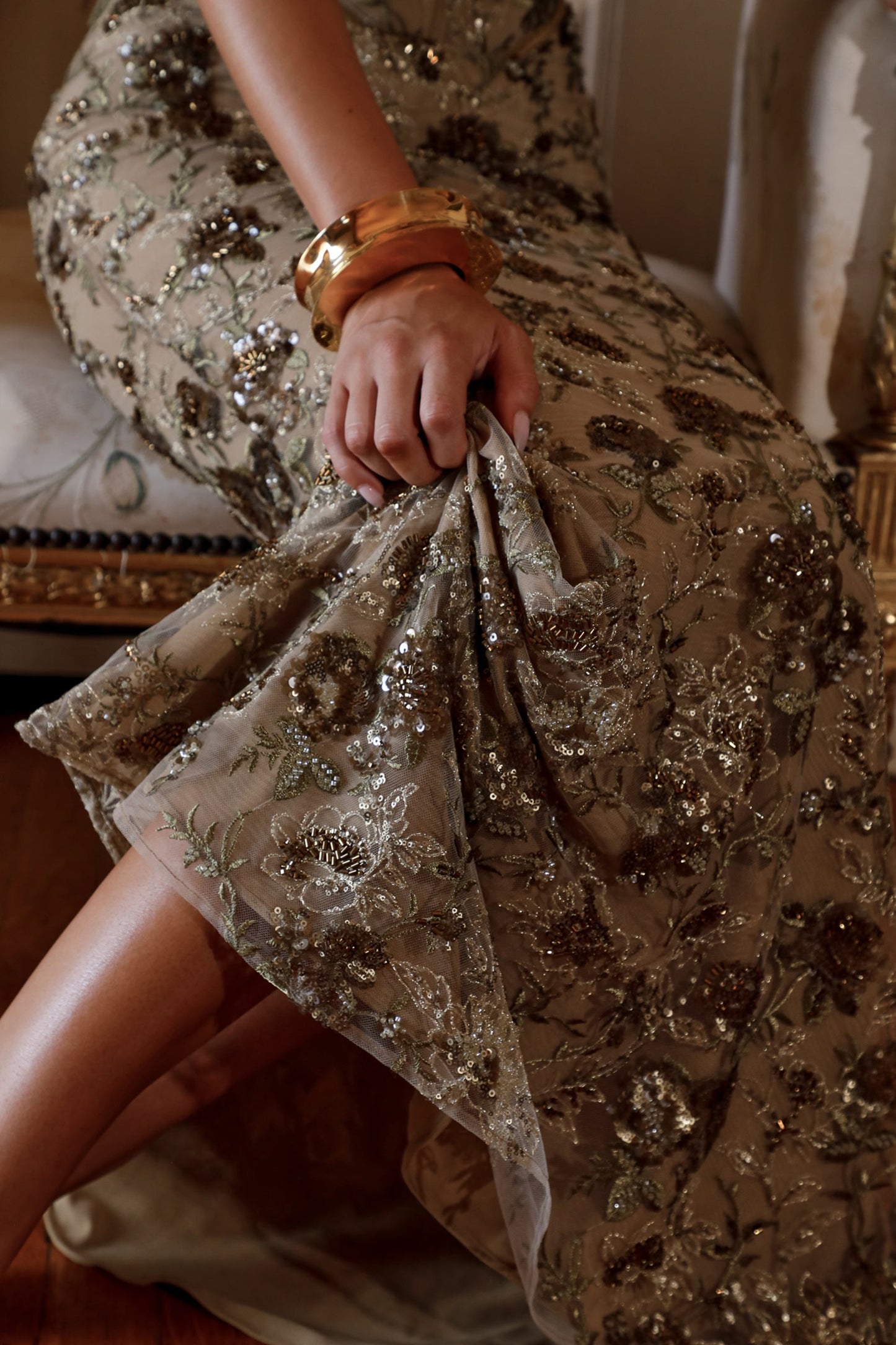 olive bronze hand beaded embellished corset maxi dress - limited edition