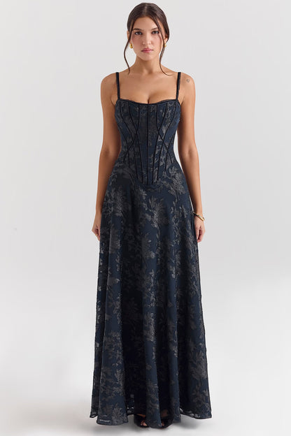 midnight blue lurex chiffon maxi dress