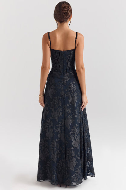 midnight blue lurex chiffon maxi dress