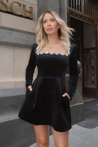 Kimberly Long Sleeve Embellished Velvet Minidress