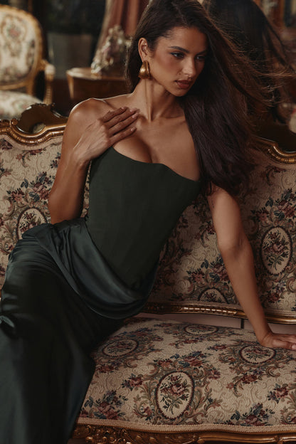 Persephone emerald green crepe strapless corset maxi dress