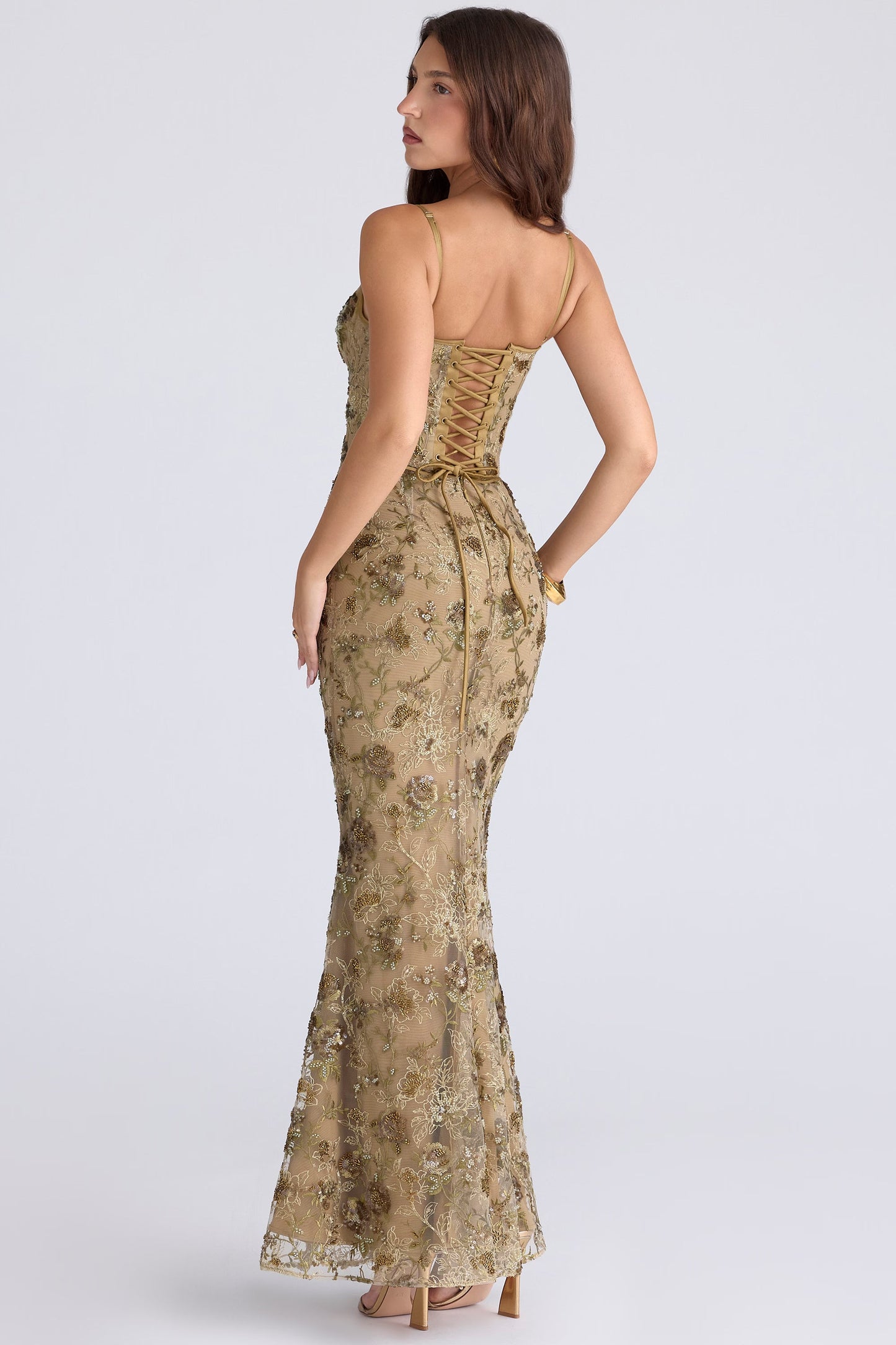olive bronze hand beaded embellished corset maxi dress - limited edition