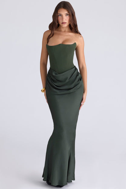 Persephone emerald green crepe strapless corset maxi dress